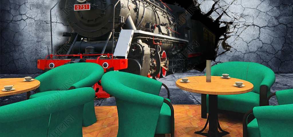 原创3d立体复古火车破墙怀旧电视背景墙装饰画版权可商用
