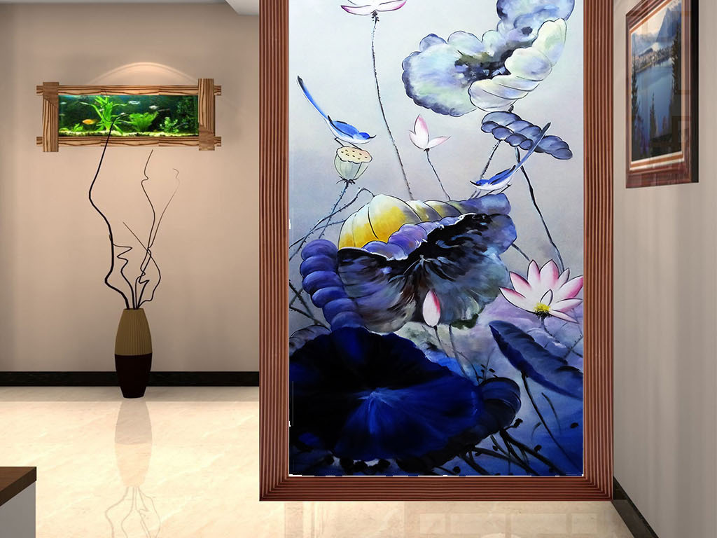 高清油画喜鹊莲花玄关装饰画