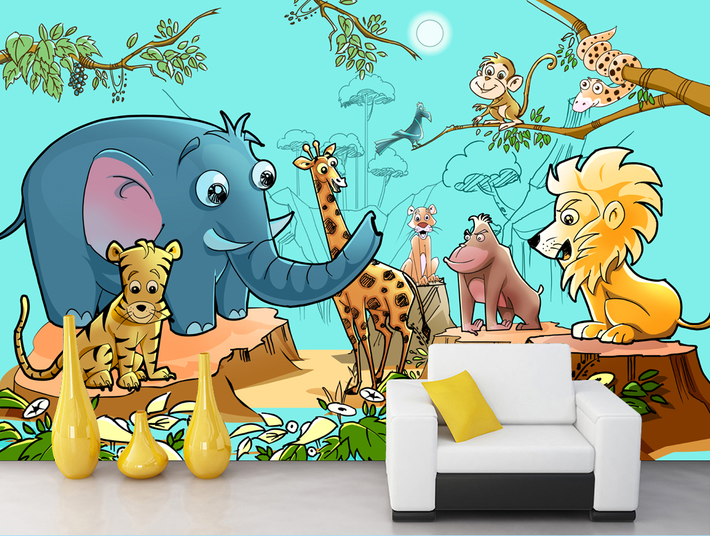 可爱卡通森林动物园动物插画儿童房背景墙
