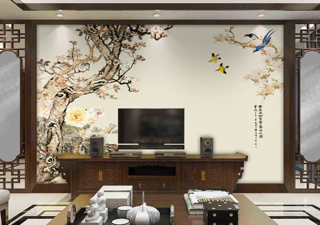 花开富贵牡丹玉兰花鸟中式客厅背景墙图片设计素材_(.