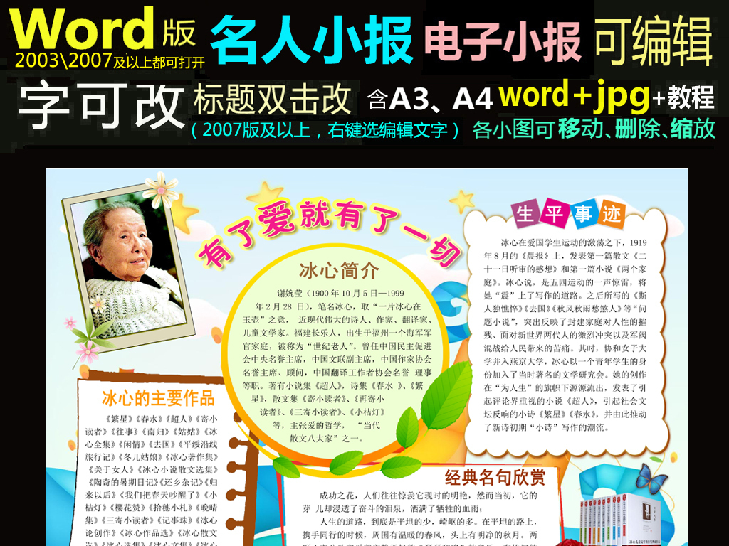 word模板电子小报通用版式名人冰心