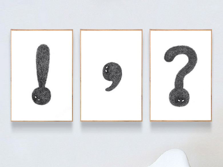 北欧风简约抽象符号猫咪三联无框画(图片编号