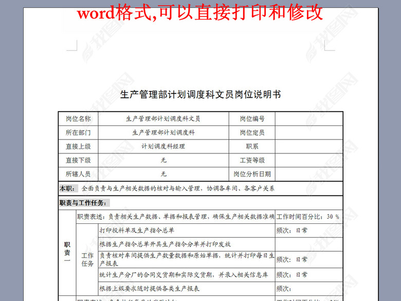 生产管理部计划调度科文员岗位说明书图片下载