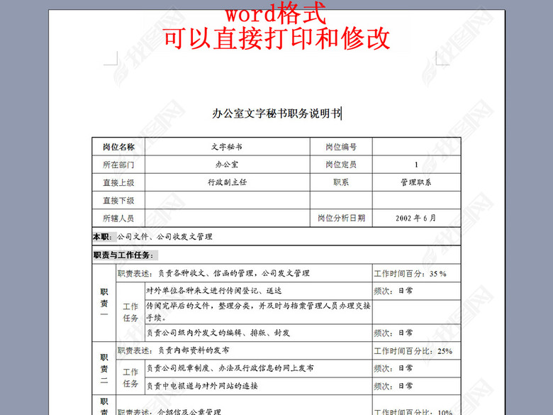 办公室文字秘书职务说明书图片下载doc素材-岗