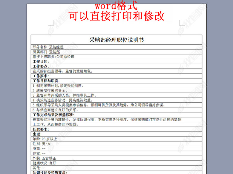 采购部经理职位说明书图片下载doc素材-岗位职责