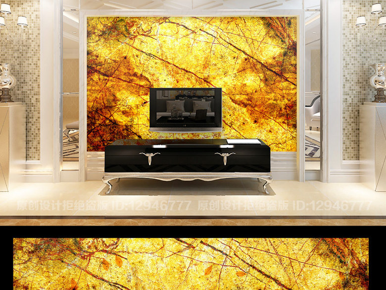 黄金秋落叶高清大理纹理电视背景墙(图片编号