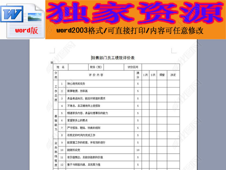 销售部门员工绩效评价表图片下载doc素材-绩效