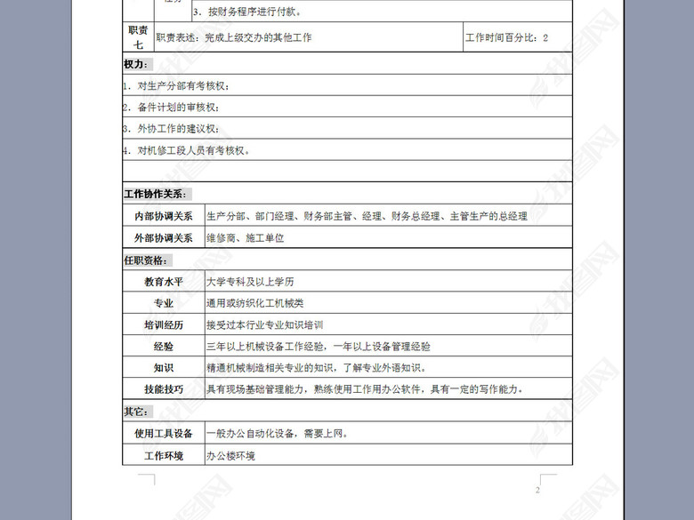 工艺设备管理部机械主管职务说明书图片下载d