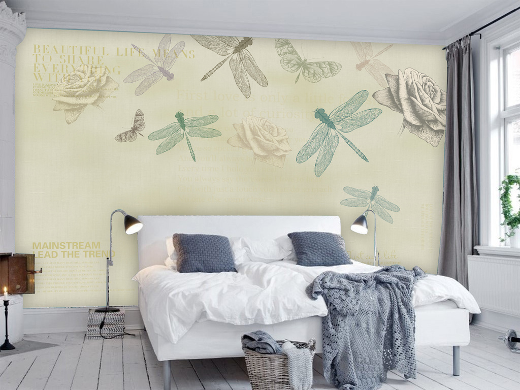 北欧手绘复古玫瑰花蜻蜓蝴蝶英文电视背景墙