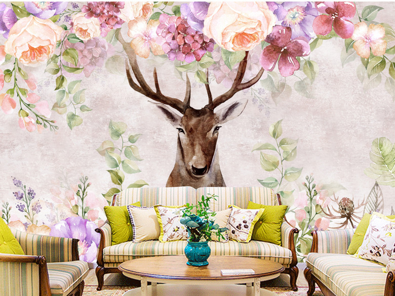 梦幻美式复古森系田园麋鹿手绘水彩花卉背景墙