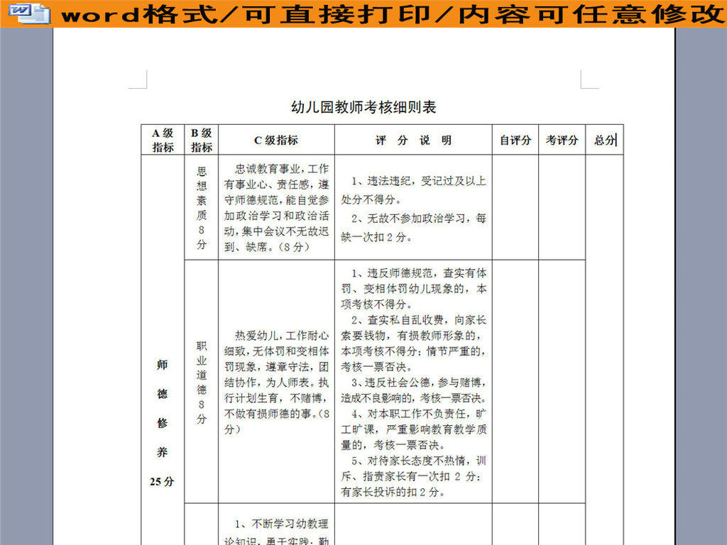 幼儿园教师考核细则表