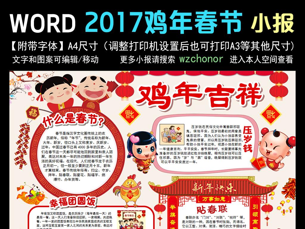 2017年鸡年春节小报新年年俗电子手抄报