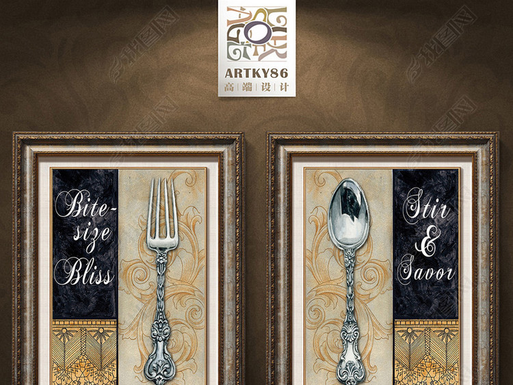 英文餐具叉子勺子装饰画