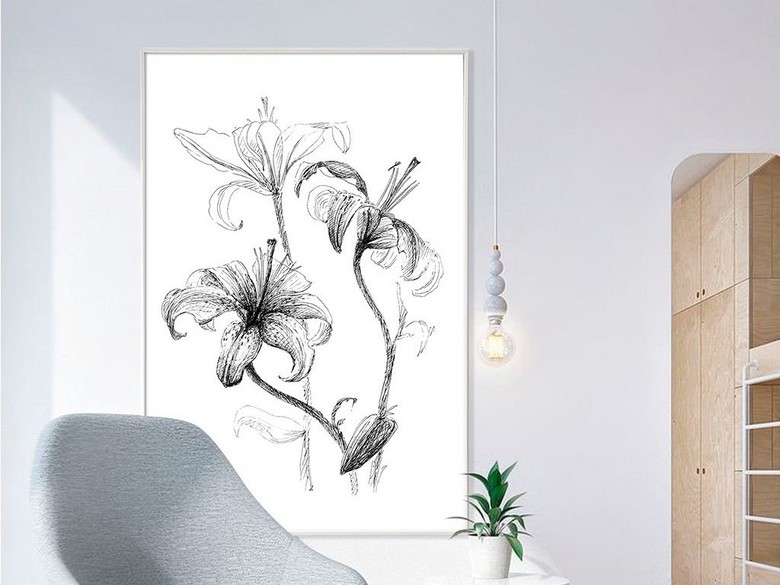 手绘素描线条百合花黑白简约北欧无框画(图片