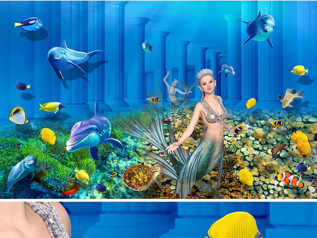 海底世界美人鱼地下宫殿3d背景墙壁画