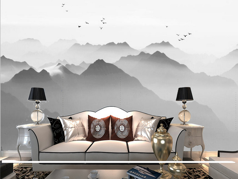 新中式黑白水墨山水风光国画电视背景墙(图片