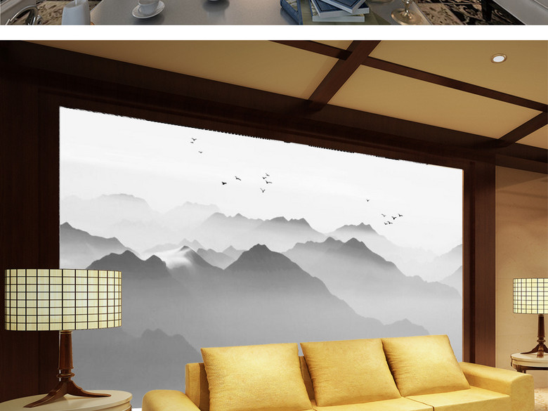 新中式黑白水墨山水风光国画电视背景墙(图片