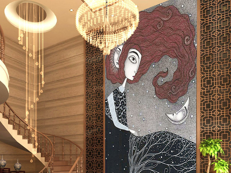 太阳月亮女神北欧神话故事手绘复古玄关壁画(