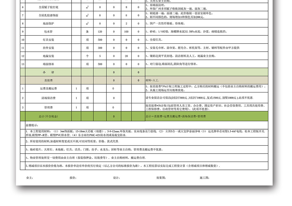 【本作品下载内容为:"新房房屋装修装饰报价表预算表Excel"模板,其他内容仅为参考,如需印刷成实物请先认真校稿,避免造成不必要的经济损失。】 【声明】未经权利人许可,任何人不得随意使用本网站的原创作品(含预览图),否则将按照我国著作权法的相关规定被要求承担最高达50万元人民币的赔偿责任。