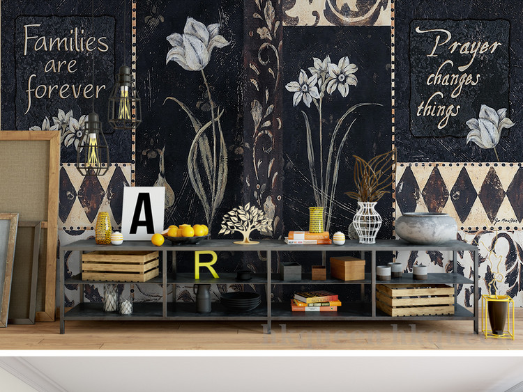 欧式手绘古典英文字母兰花高档背景墙