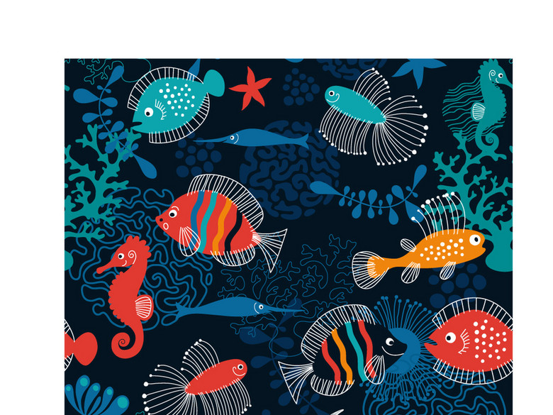 儿童画海底世界蜡笔画水彩画鱼海星水草螃蟹(