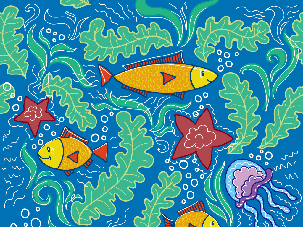 儿童画海底世界蜡笔画水彩画鱼海星水草螃蟹