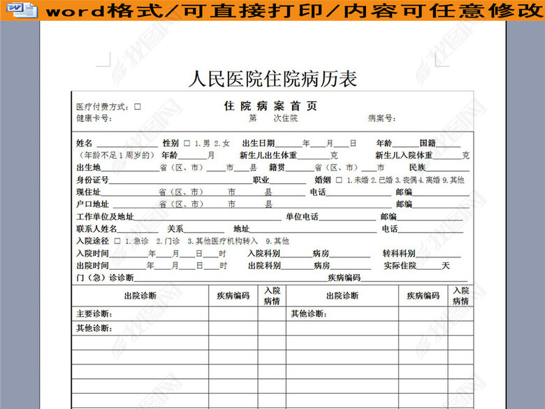 医院住院病历表格下载图片下载doc素材-医药卫