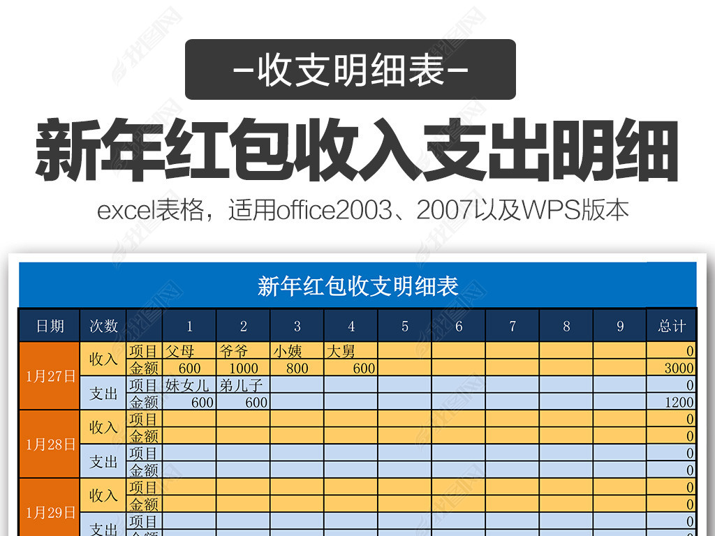 原创新年过年红包收支明细表excel表格模板版权可商用