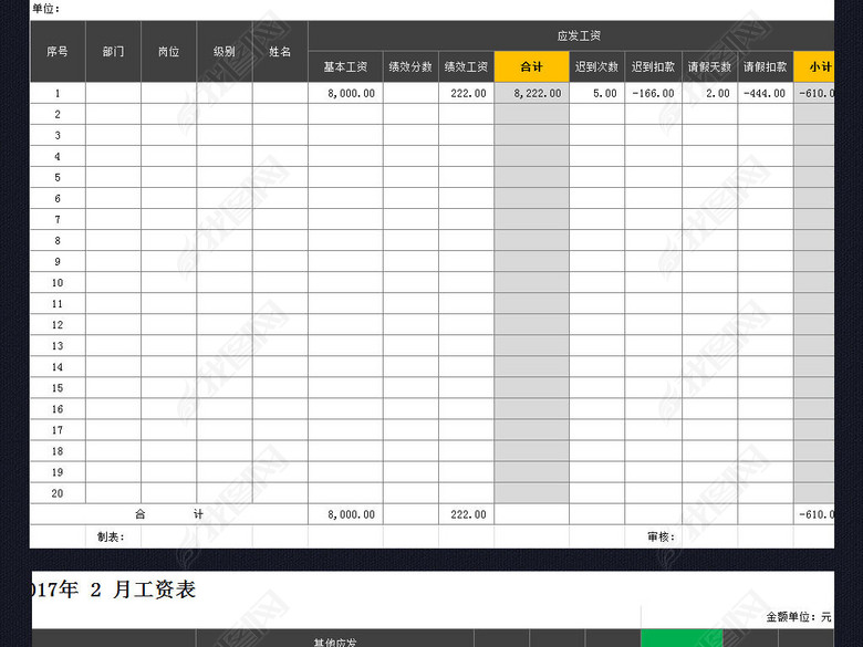 公司员工工资表excel表格模板带全勤奖图片下