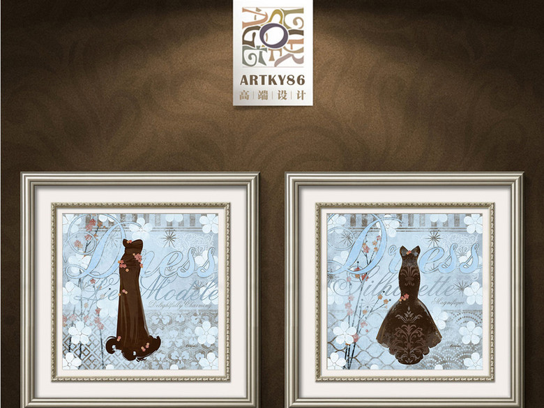 蓝底碎花裙子连衣裙礼服装饰画(图片编号:161