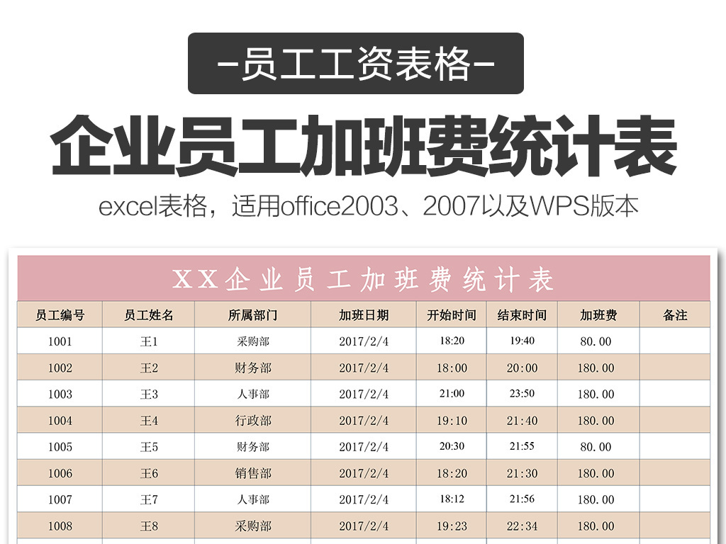 企业工厂员工加班费统计表excel表格