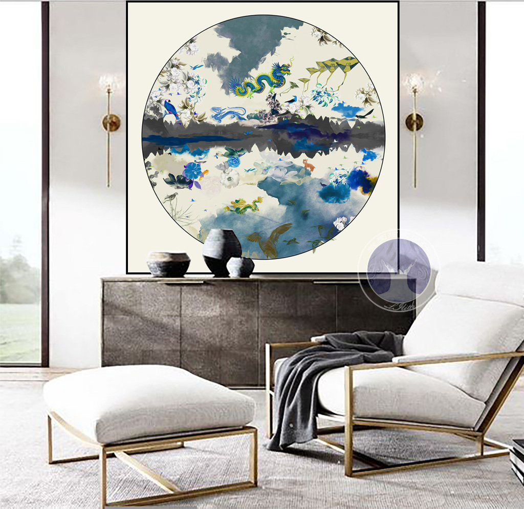 高清圆形腾云驾雾彩龙飞翔龙年卡通动物挂画