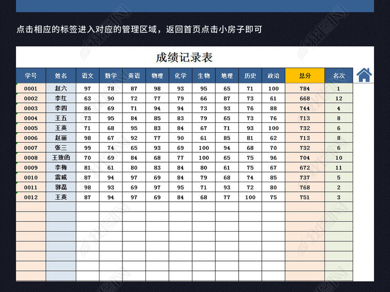 蓝色班级学生考试成绩表成绩单表格模板图片下
