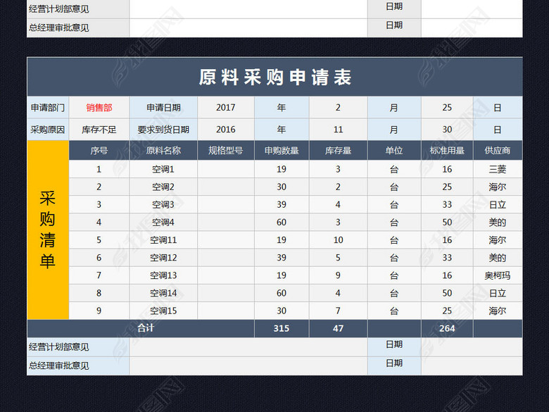 公司工厂原料采购申请表格模板采购清单图片下