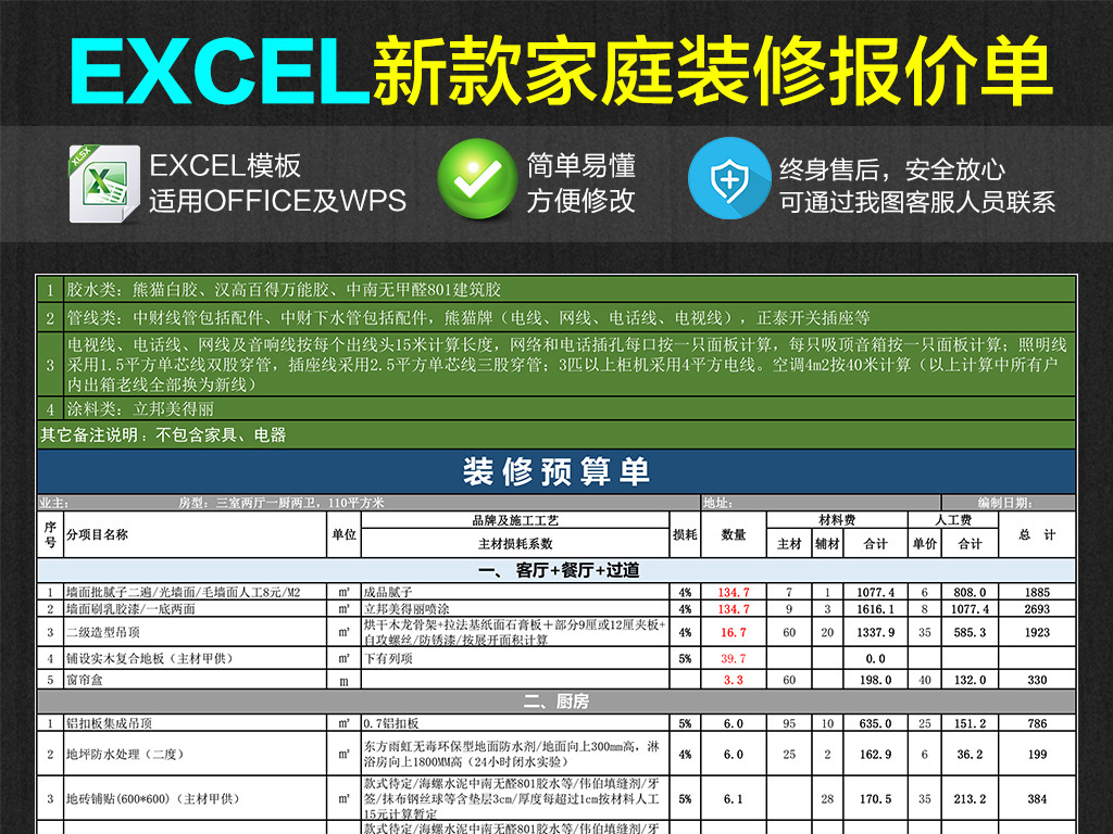 【本作品下载内容为:"家庭新房装修预算清单报价excel表格"模板,其他内容仅为参考,如需印刷成实物请先认真校稿,避免造成不必要的经济损失。】 【声明】未经权利人许可,任何人不得随意使用本网站的原创作品(含预览图),否则将按照我国著作权法的相关规定被要求承担最高达50万元人民币的赔偿责任。