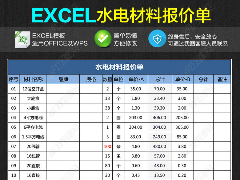 房屋装修水电材料报价单Excel模板图片下载xls