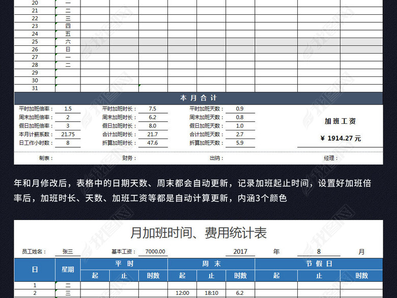 公司员工加班时间加班费用统计表格模板图片下