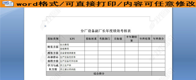 分厂设备副厂长年度绩效考核表图片下载doc素