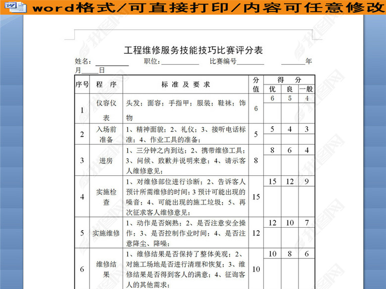 工程维修服务技能技巧比赛评分表图片下载do