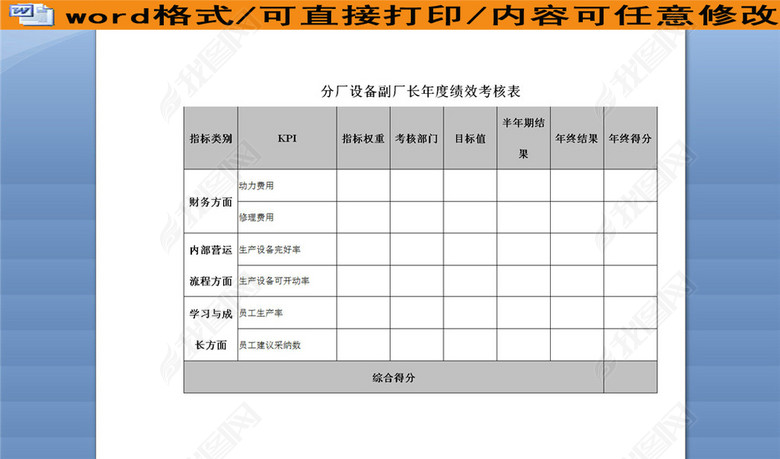 工厂设备副厂长年度绩效考核表图片下载doc素