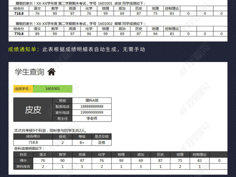 excel学生考试成绩管理系统表格模板图片下载