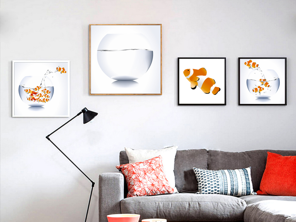 创意金鱼鱼缸客厅三联无框画图片设计素材_高