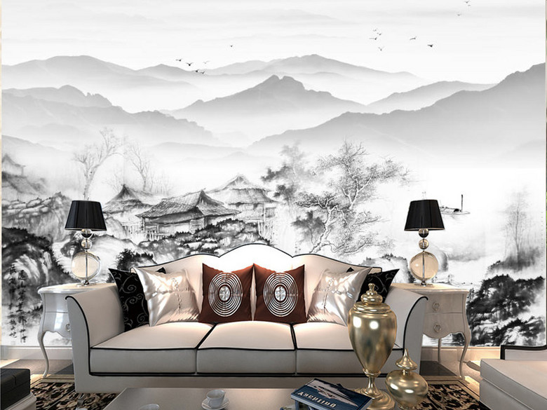 新中式黑白山水民居水墨国画电视背景墙(图片