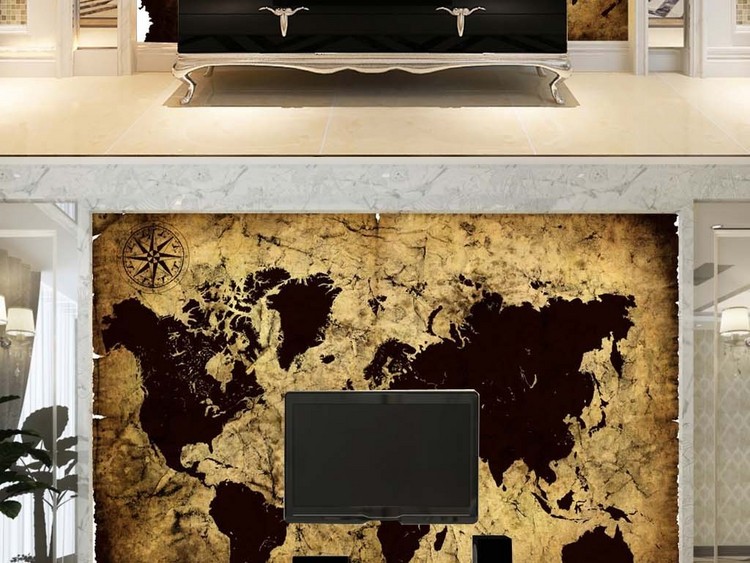 世界地图复古羊皮卷地图简约电视背景墙