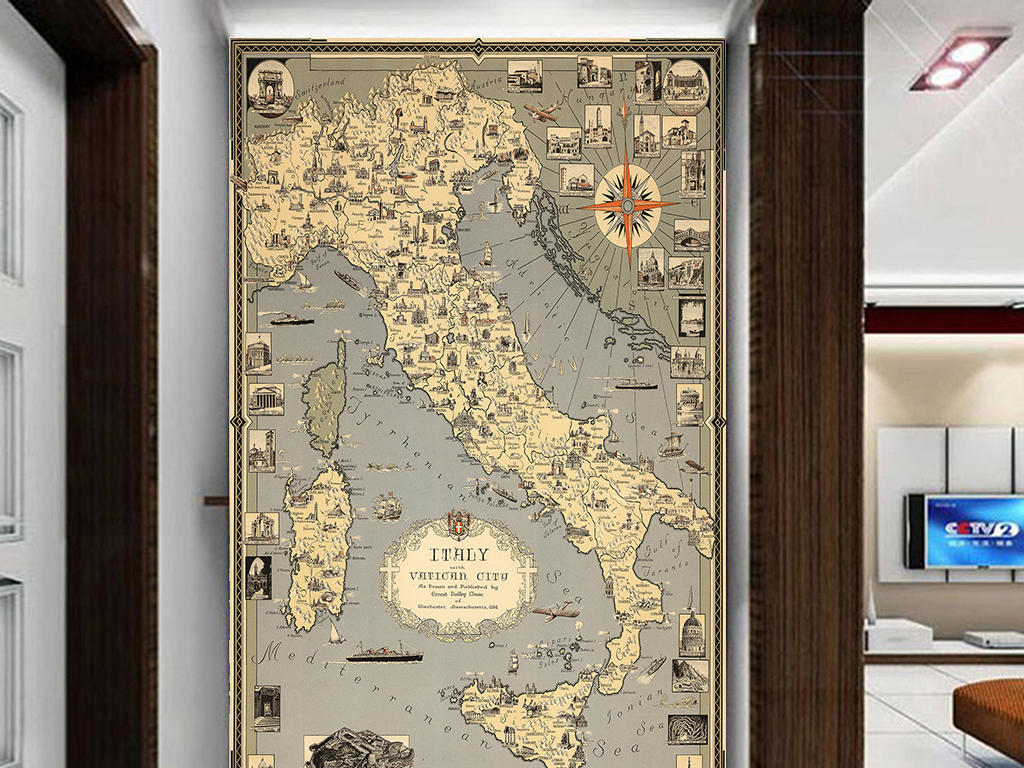 欧式复古怀旧地图玄关背景墙