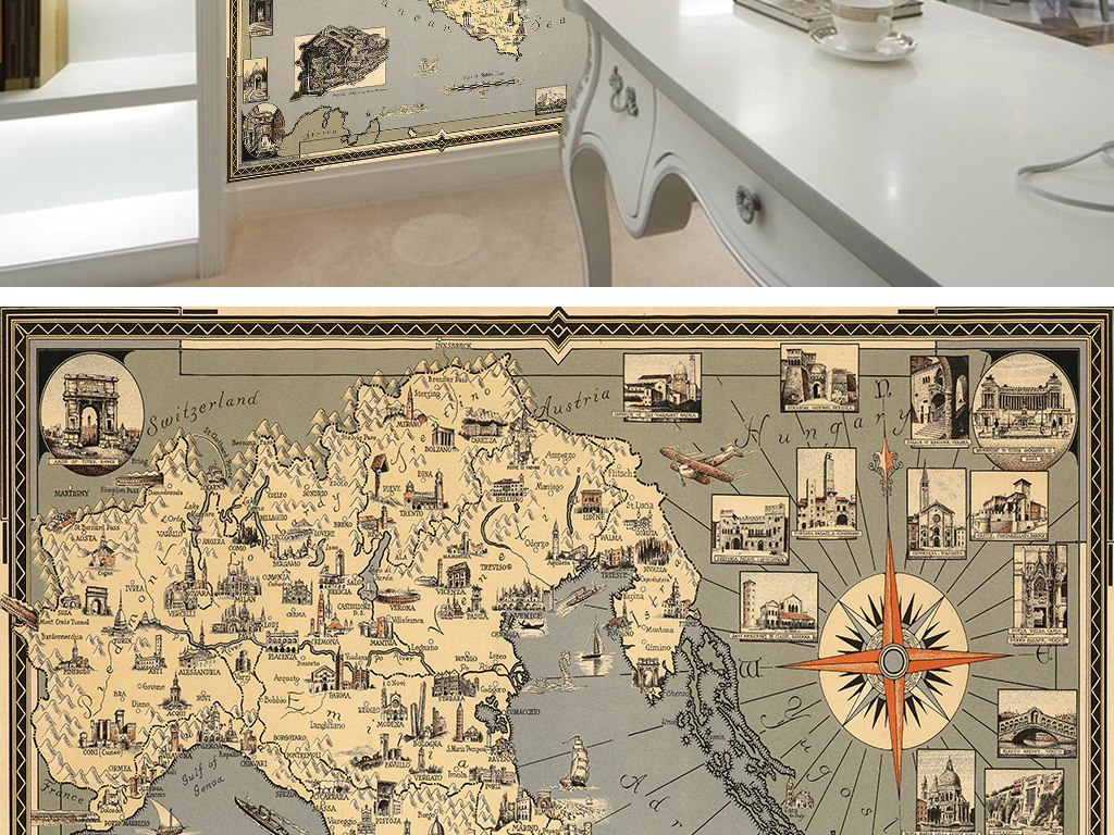 欧式复古怀旧地图玄关背景墙