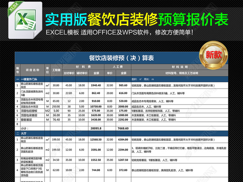 饭店餐饮店铺店面装修预算表报价明细表模板图