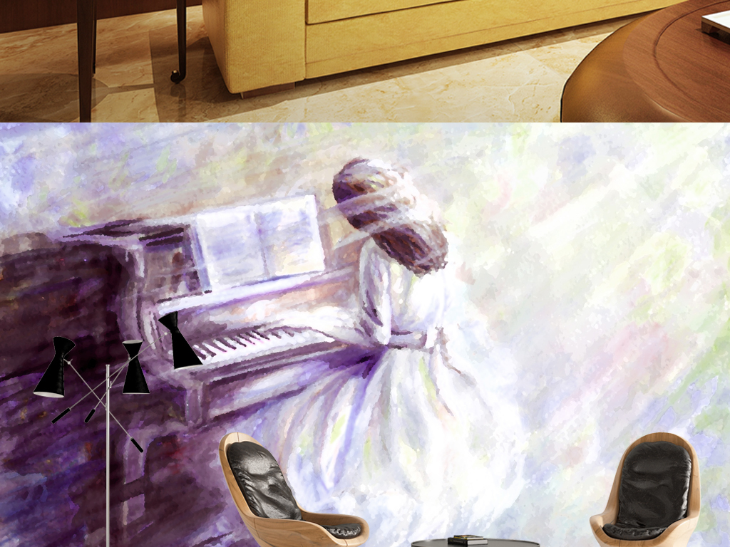 沐浴在阳光下弹钢琴的女孩子背影