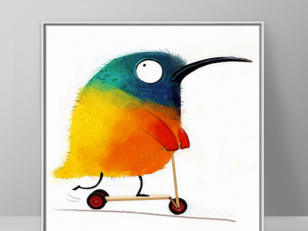 长嘴鸟滑板车北欧可爱简约卡通现代装饰画