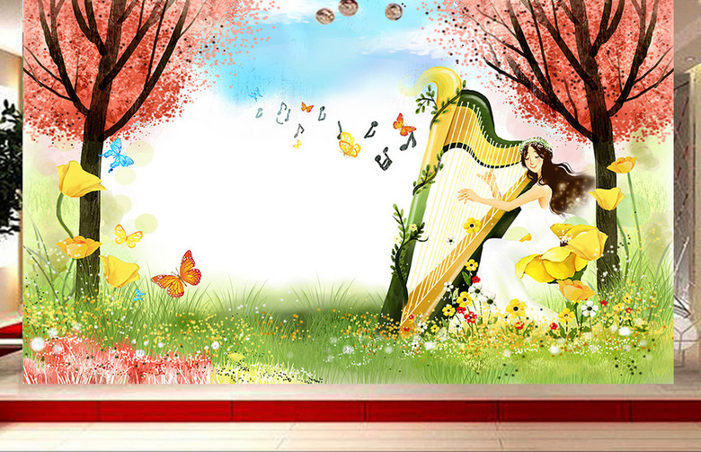 手绘水彩公主的琴音儿童音乐培训背景墙(图片
